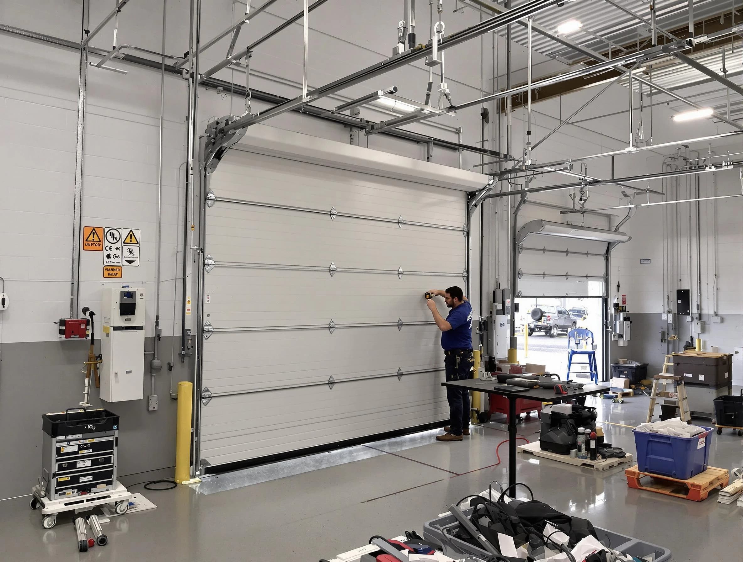 Commercial garage door repair being performed by Ettrick Garage Door Repair expert in Ettrick