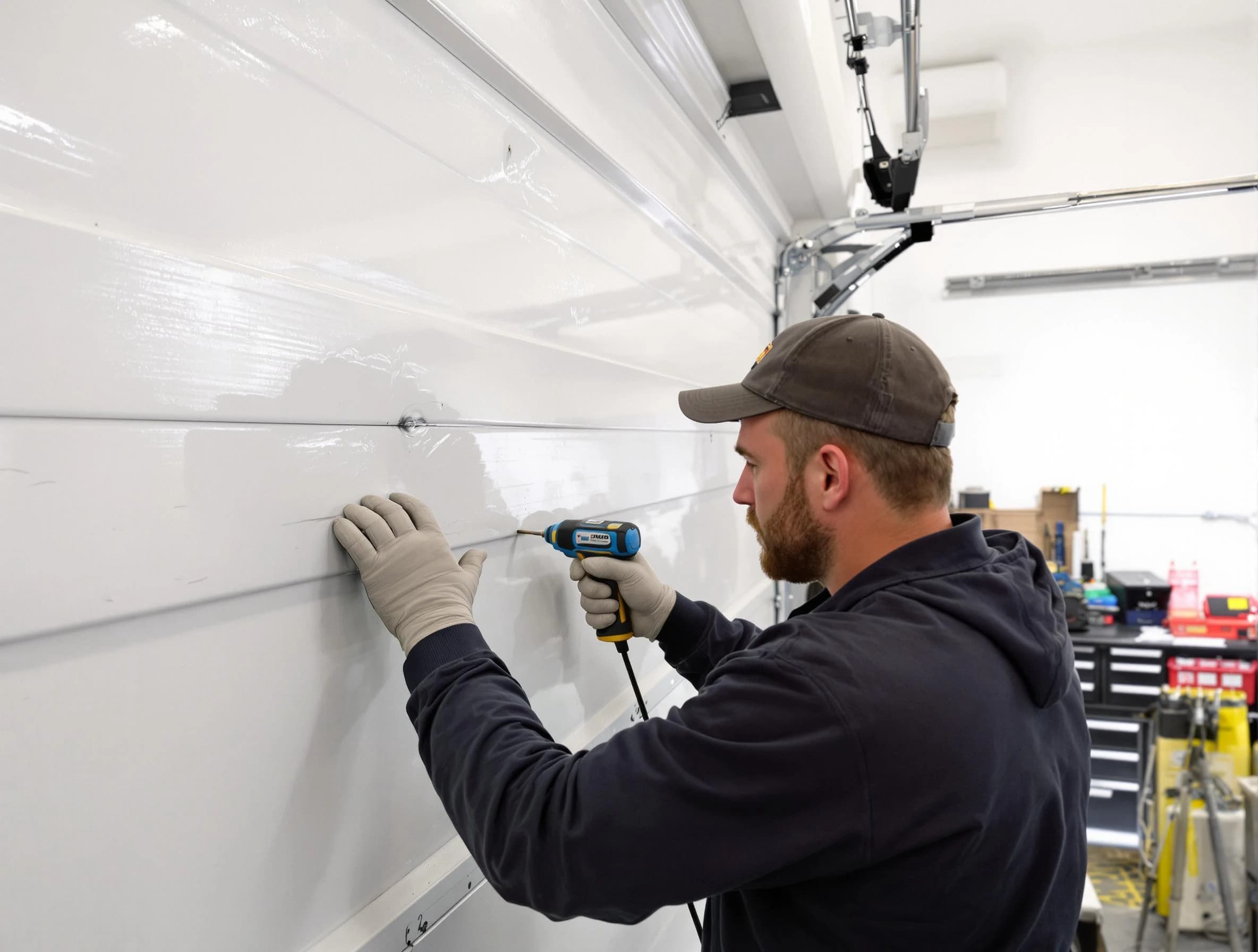 Ettrick Garage Door Repair technician demonstrating precision dent removal techniques on a Ettrick garage door